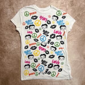Betty Boop Y2K Collage Print T-Shirt Lips Peace Sign Multicolor Women's XL Retro